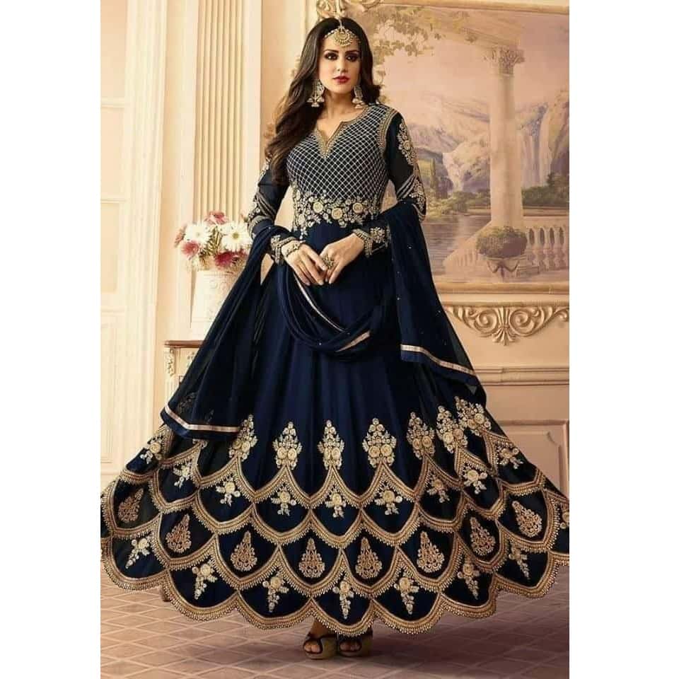 Fashionable Weeding Unstitched Three Piece Collection Gerogette Embroidery Semi Stitched Gown Dress